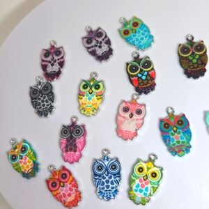 Owl Charms 15 Charms.  Colorful Metal Enameled Charms.   Colors may Vary.